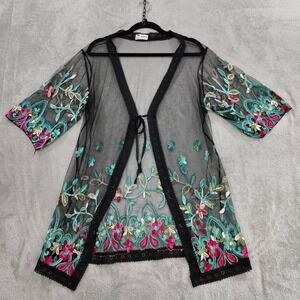 ASHA Cardigan Womens OS‎ Floral Sheer Embroidered Mesh Tie Duster Boho Hippie